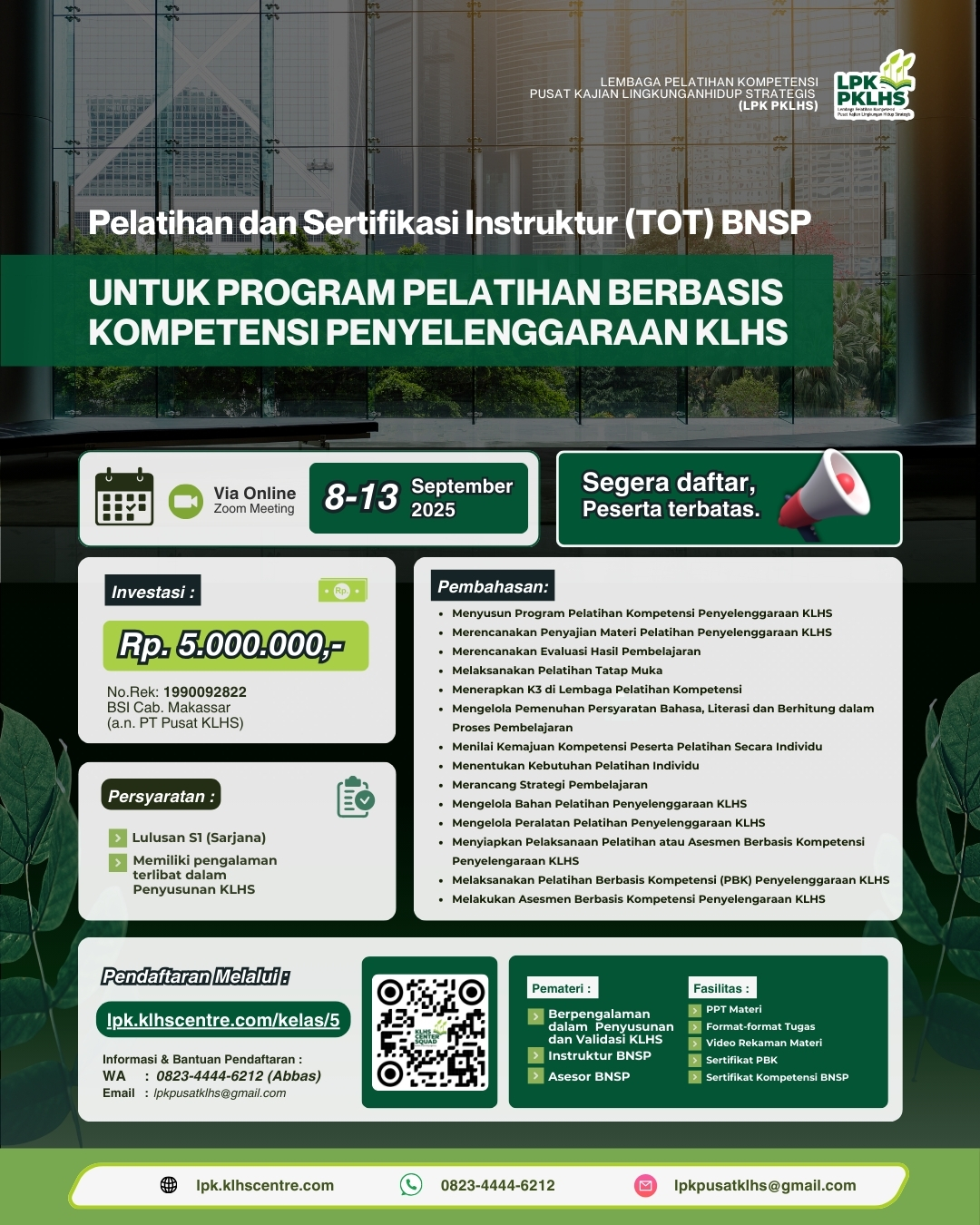 Pelatihan dan Sertifikasi Instruktur (TOT) BNSP Untuk Penyelenggaraan KLHS