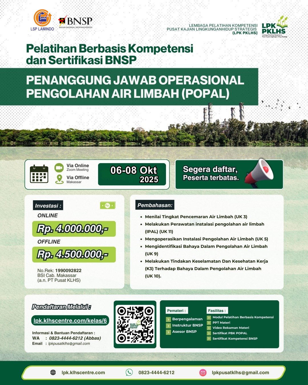 Pelatihan Berbasis Kompetensi dan Sertifikasi BNSP Penanggung Jawab Operasional Pengolahan Air Limbah