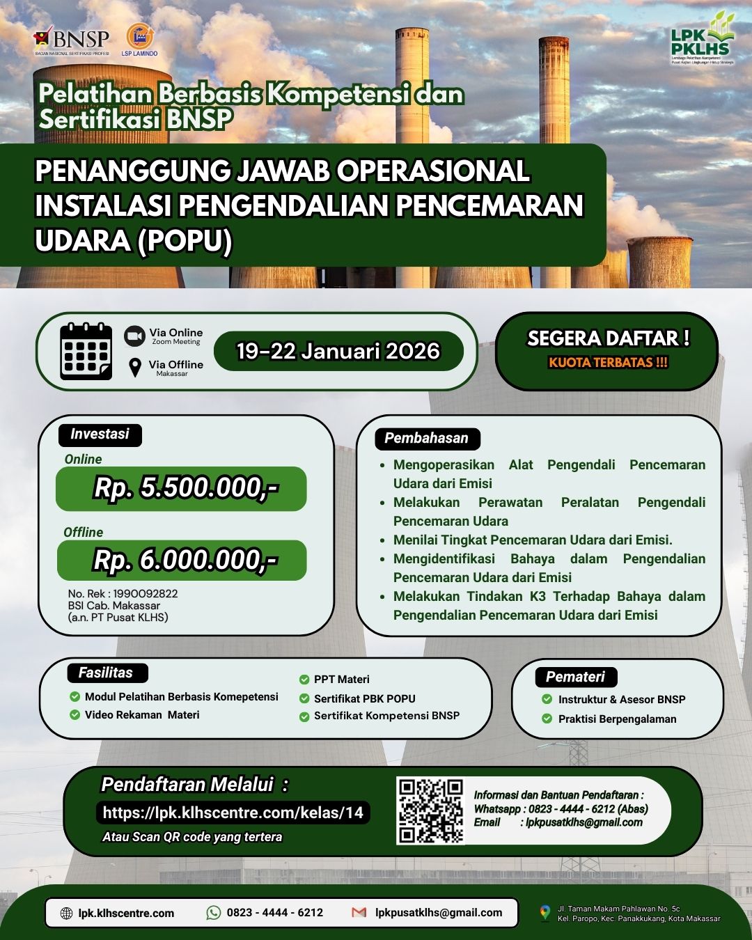 Pelatihan Berbasis Kompetensi & Sertifikasi BNSP Penanggung Jawab Operasional Instalasi Pengendalian Pencemaran Udara (POPU)