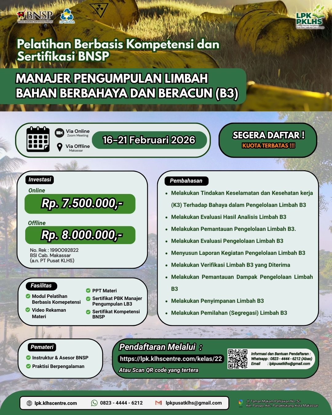 Pelatihan Berbasis Kompetensi & Sertifikasi BNSP Manager Pengumpulan Limbah Bahan Berbahaya dan Beracun (B3)