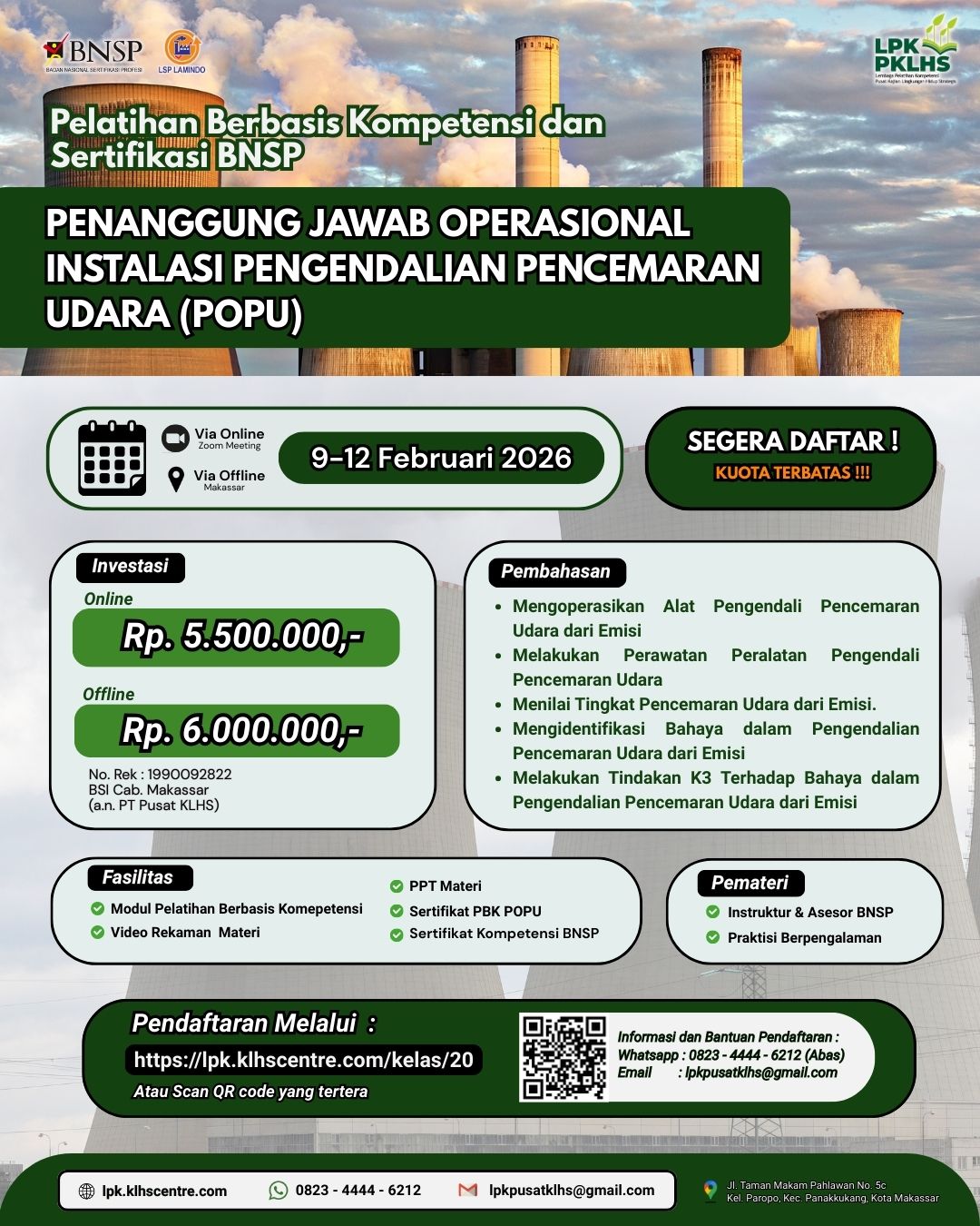 Pelatihan Berbasis Kompetensi & Sertifikasi BNSP Penanggung Jawab Operasional Instalasi Pengendalian Pencemaran Udara (POPU))