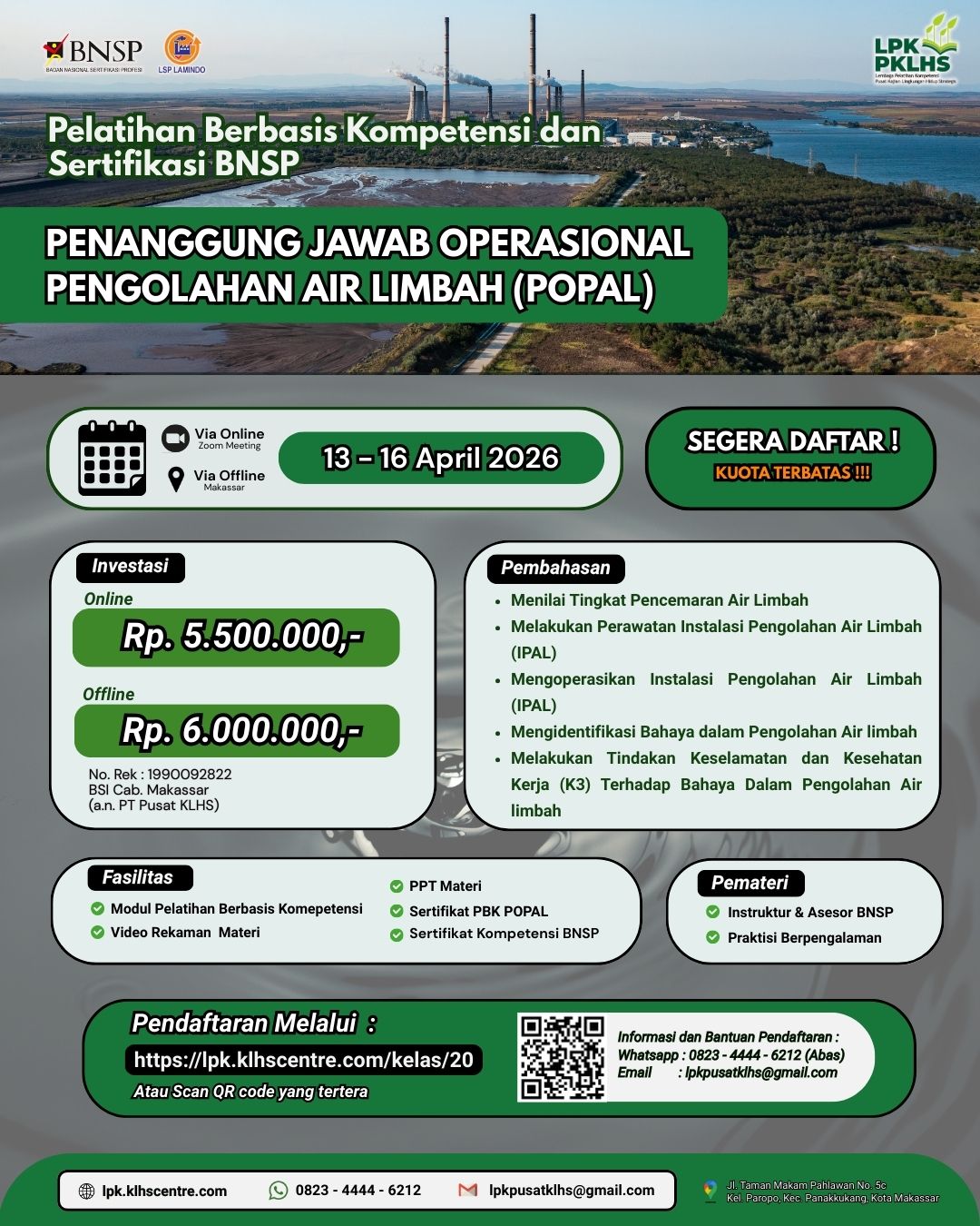 Pelatihan Berbasis Kompetensi & Sertifikasi BNSP Penanggung Jawab Operasional Pengolahan Air Limbah (POPAL)