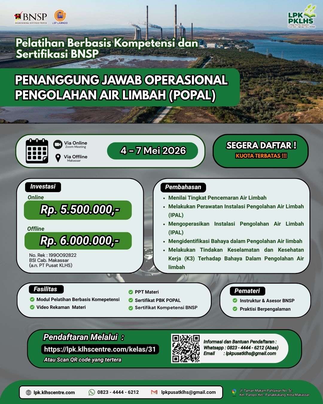 Pelatihan Berbasis Kompetensi & Sertifikasi BNSP Penanggung Jawab Operasional Pengolahan Air Limbah (POPAL)